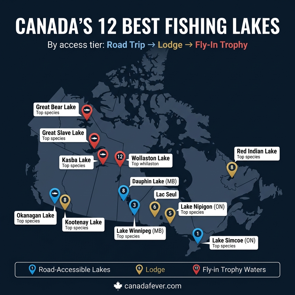Canada's 12 Best Fishing Lakes map — road trip, lodge, and fly-in trophy destinations by province
