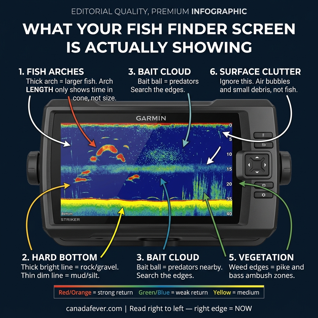 Fish finder screen reading guide — fish arches, bottom hardness, bait clouds, thermocline, vegetation, and surface clutter explained