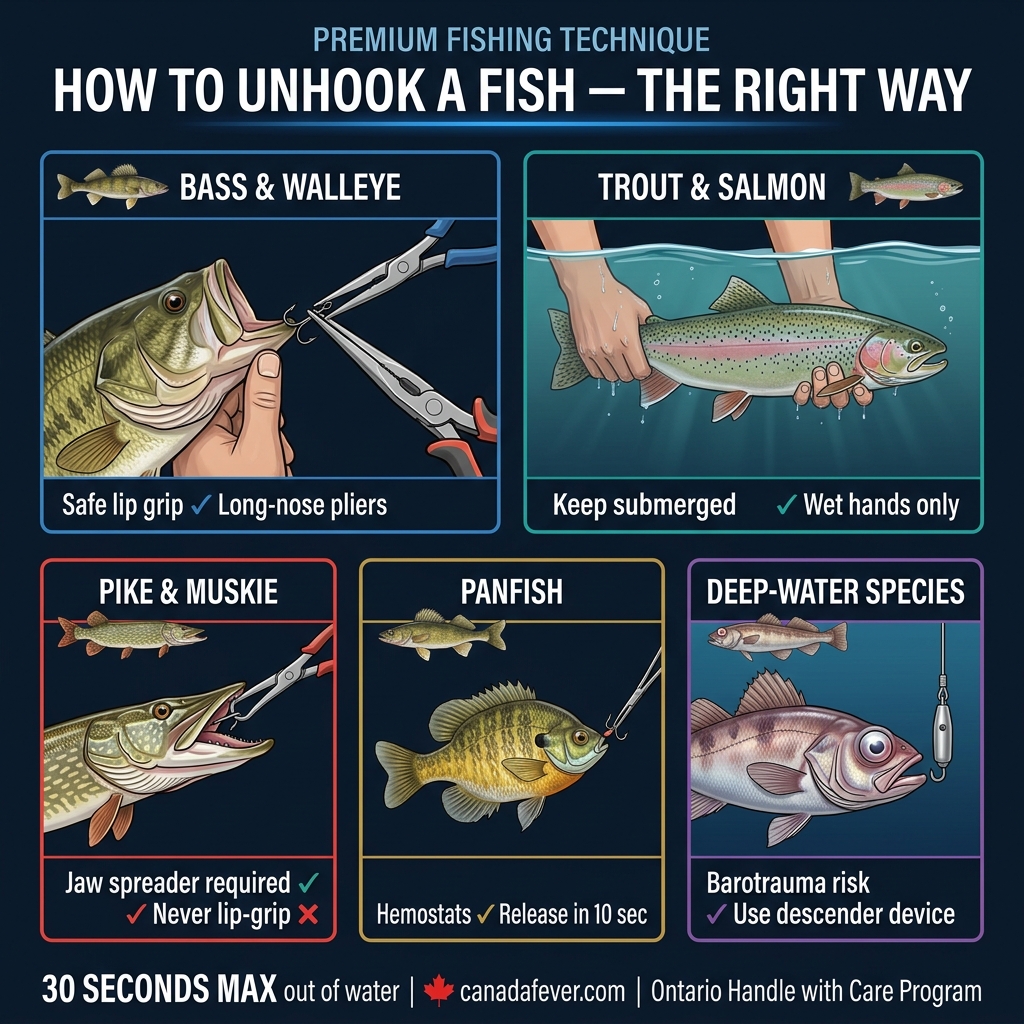How to unhook a fish by species — bass, walleye, trout, salmon, pike, muskie, panfish, deep-water fish — Canadian catch and release guide