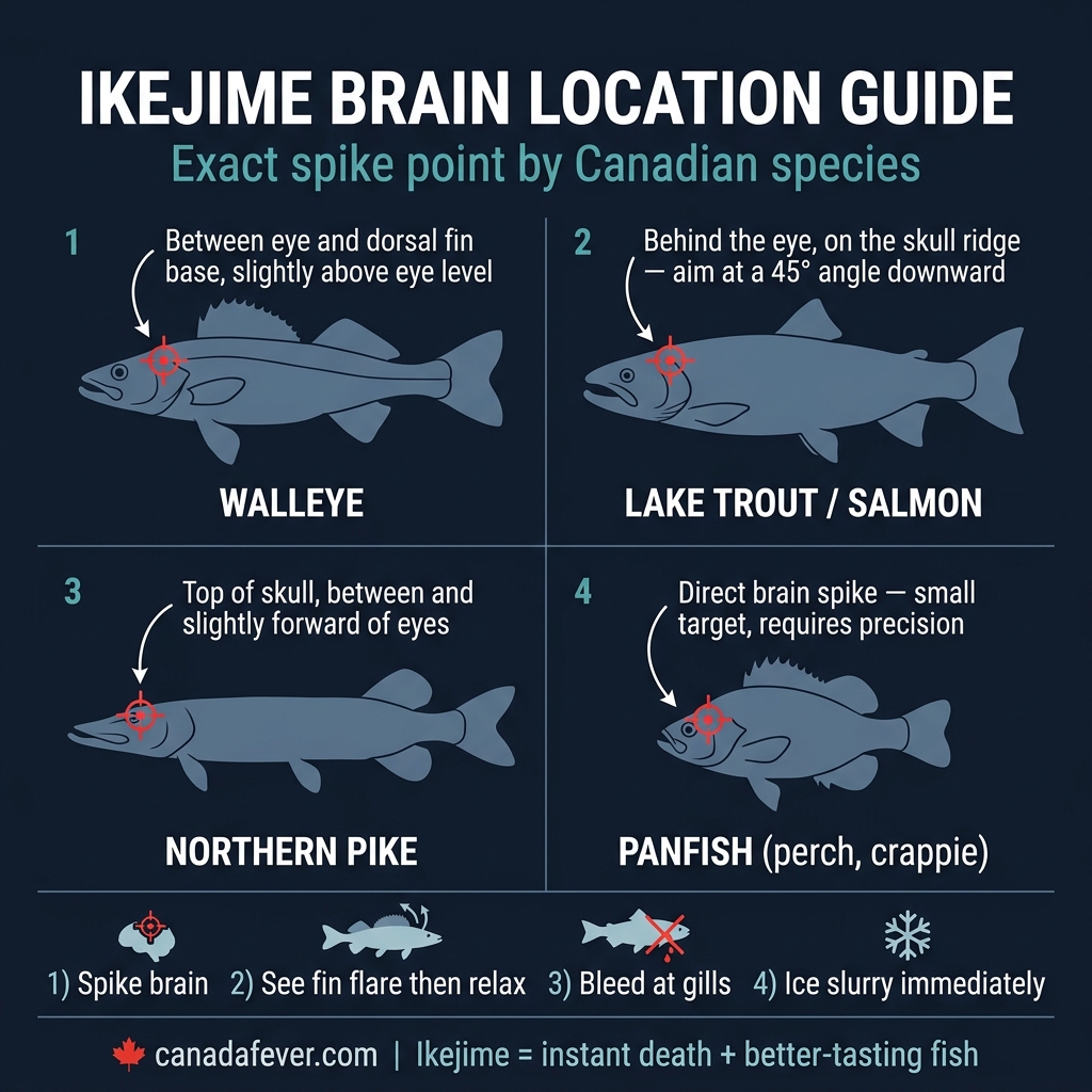 Ikejime brain location guide for Canadian fish species — walleye, lake trout, salmon, northern pike, panfish spike point diagram