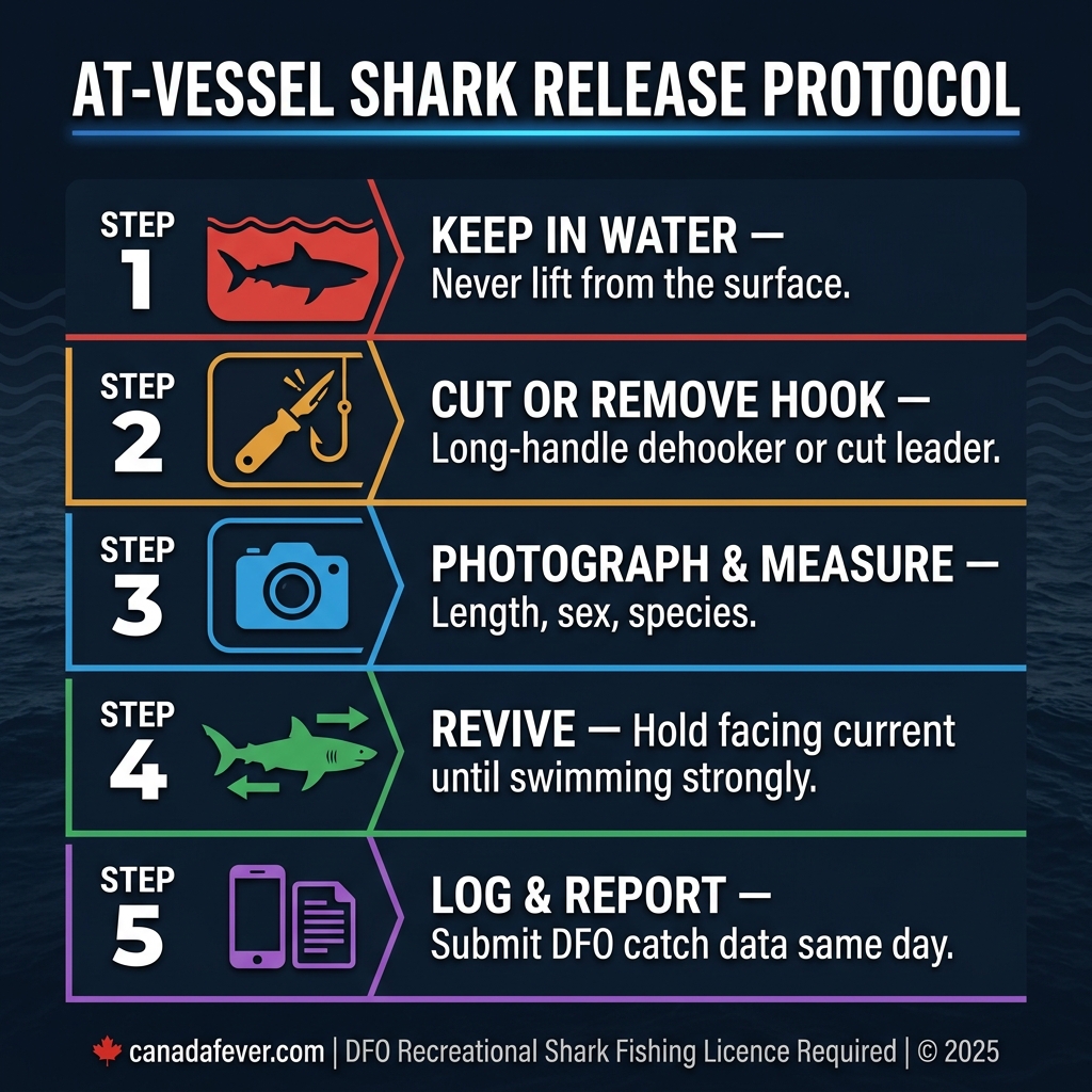 At-Vessel Shark Release Protocol Canada: 5-step DFO-required release procedure for Canadian recreational shark fishing