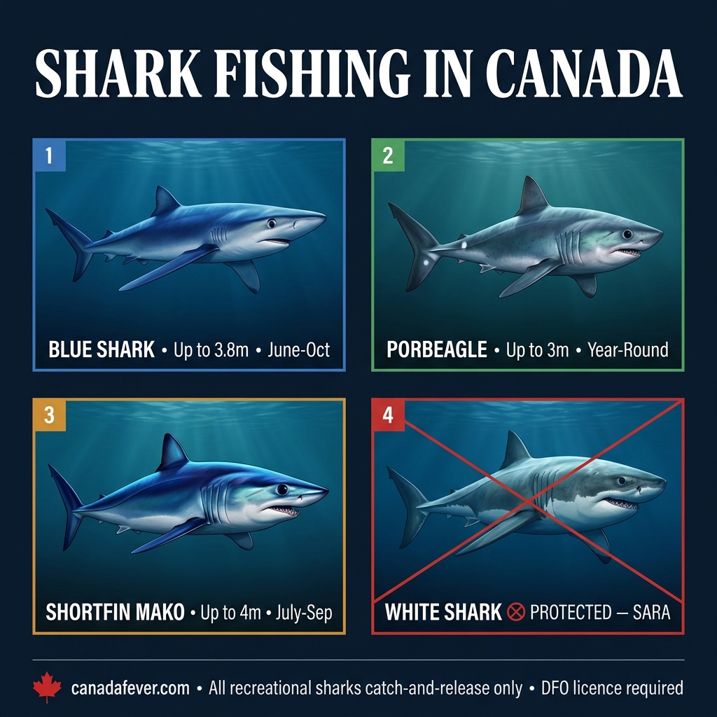 Shark Species Guide Canada: Blue Shark, Porbeagle, Shortfin Mako, and Protected White Shark identification infographic