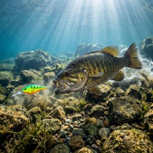 Smallmouth bass attacking a crankbait underwater