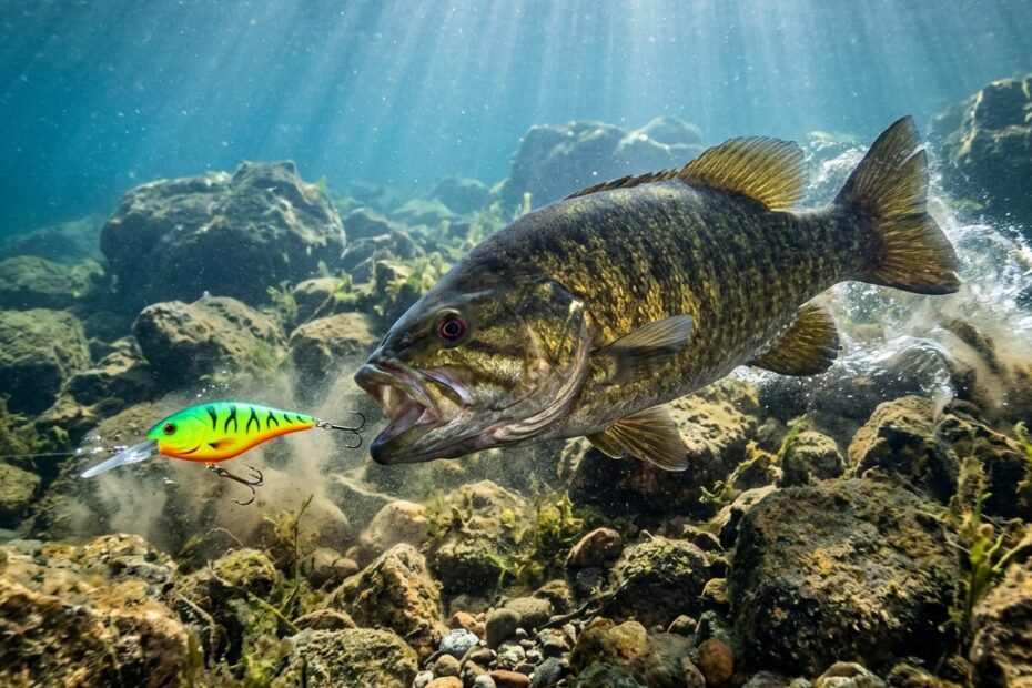 Smallmouth bass attacking a crankbait underwater