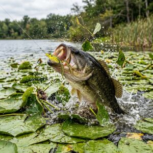 Massive largemouth bass exploding through lily pads to eat a frog lure