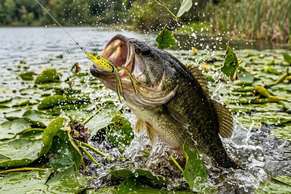 Massive largemouth bass exploding through lily pads to eat a frog lure