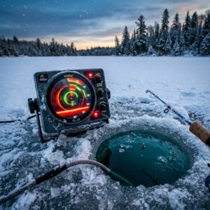 Best ice fishing flasher sonar in Canada - Vexilar unit glowing on ice next to fishing hole