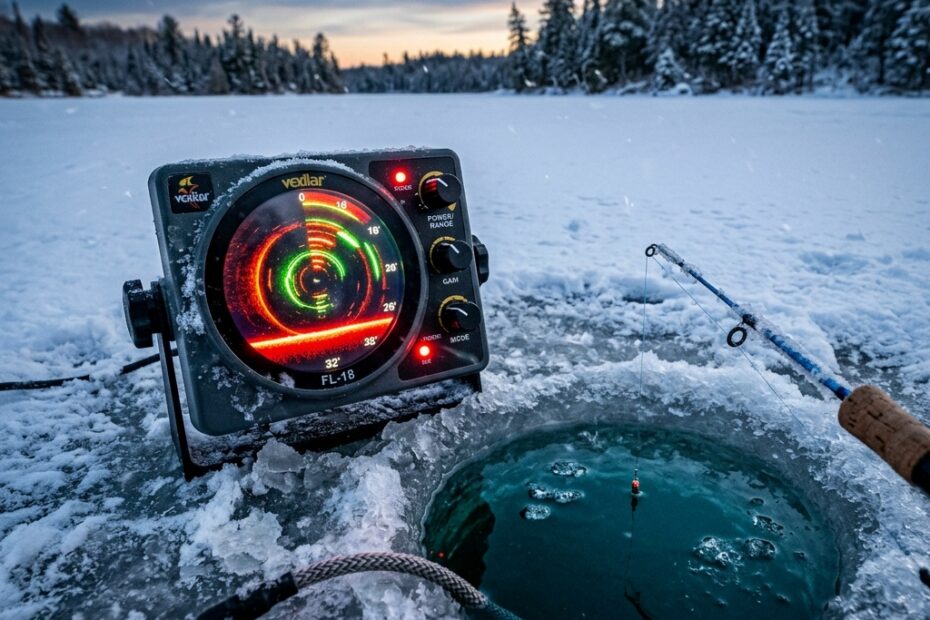 Best ice fishing flasher sonar in Canada - Vexilar unit glowing on ice next to fishing hole
