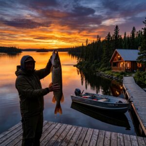 Best northern pike lodges in Manitoba Canada - trophy pike at sunset on a wilderness lake