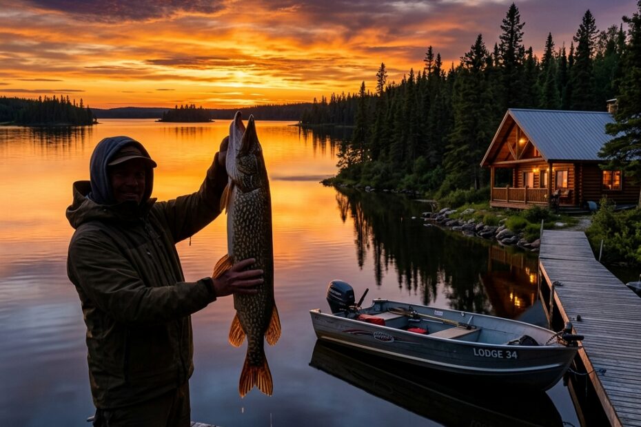 Best northern pike lodges in Manitoba Canada - trophy pike at sunset on a wilderness lake