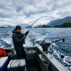 Best salmon trolling setup BC - downrigger and mooching rod bent over in ocean