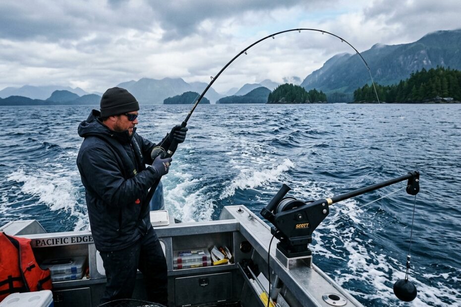 Best salmon trolling setup BC - downrigger and mooching rod bent over in ocean