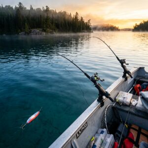 Best spoons for lake trout trolling in Canada - trolling rods on Canadian Shield lake at dawn