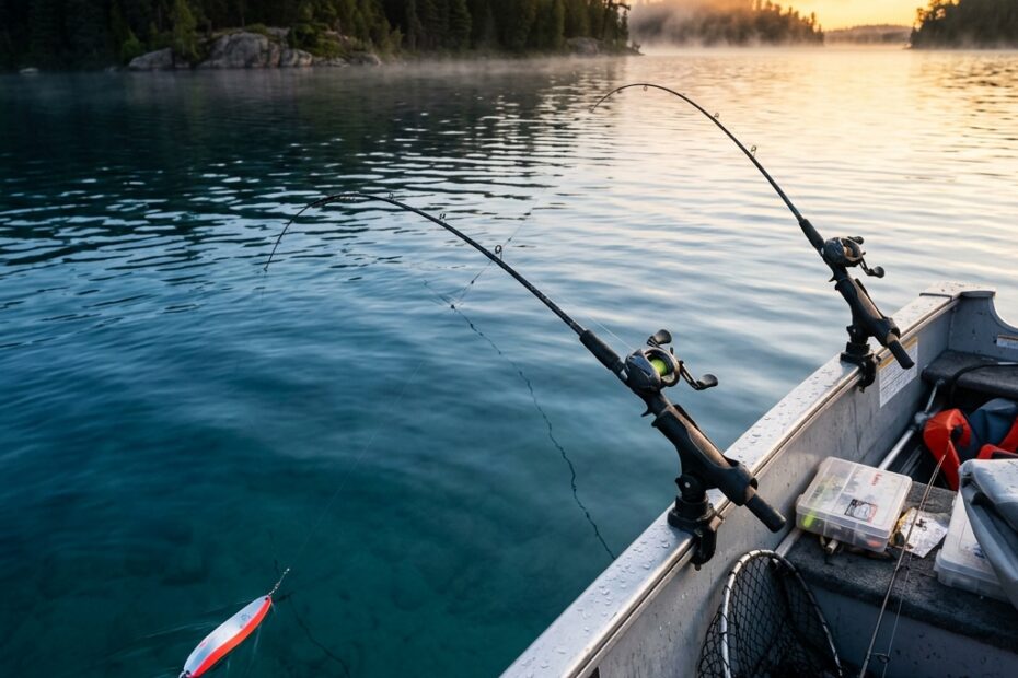 Best spoons for lake trout trolling in Canada - trolling rods on Canadian Shield lake at dawn