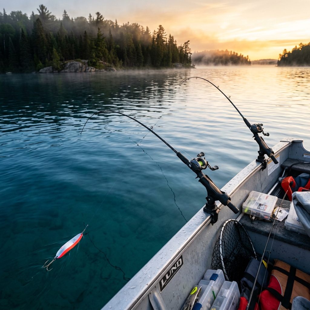 Best spoons for lake trout trolling in Canada - trolling rods on Canadian Shield lake at dawn