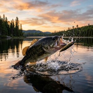 Largemouth bass aggressively exploding on a topwater lure at dawn