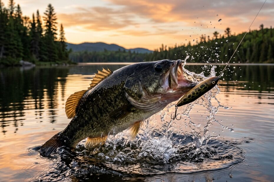 Largemouth bass aggressively exploding on a topwater lure at dawn