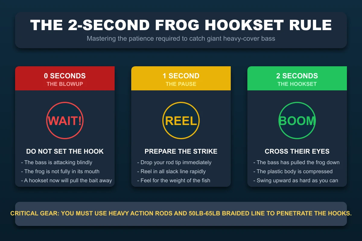 Frog Hookset Timing Infographic showing the 2-second delay rule