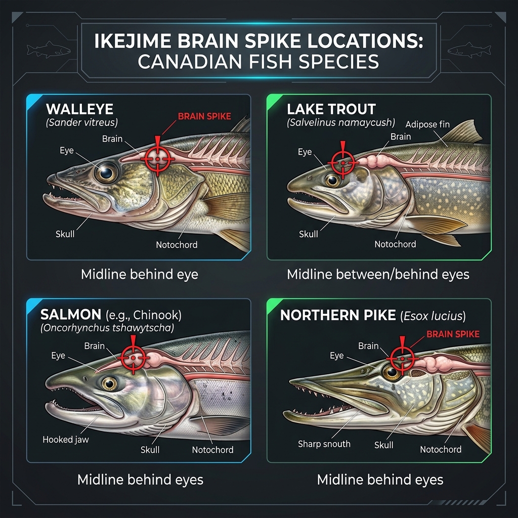 Ikejime brain location guide for Canadian fish species — walleye, lake trout, salmon, northern pike, panfish spike point diagram