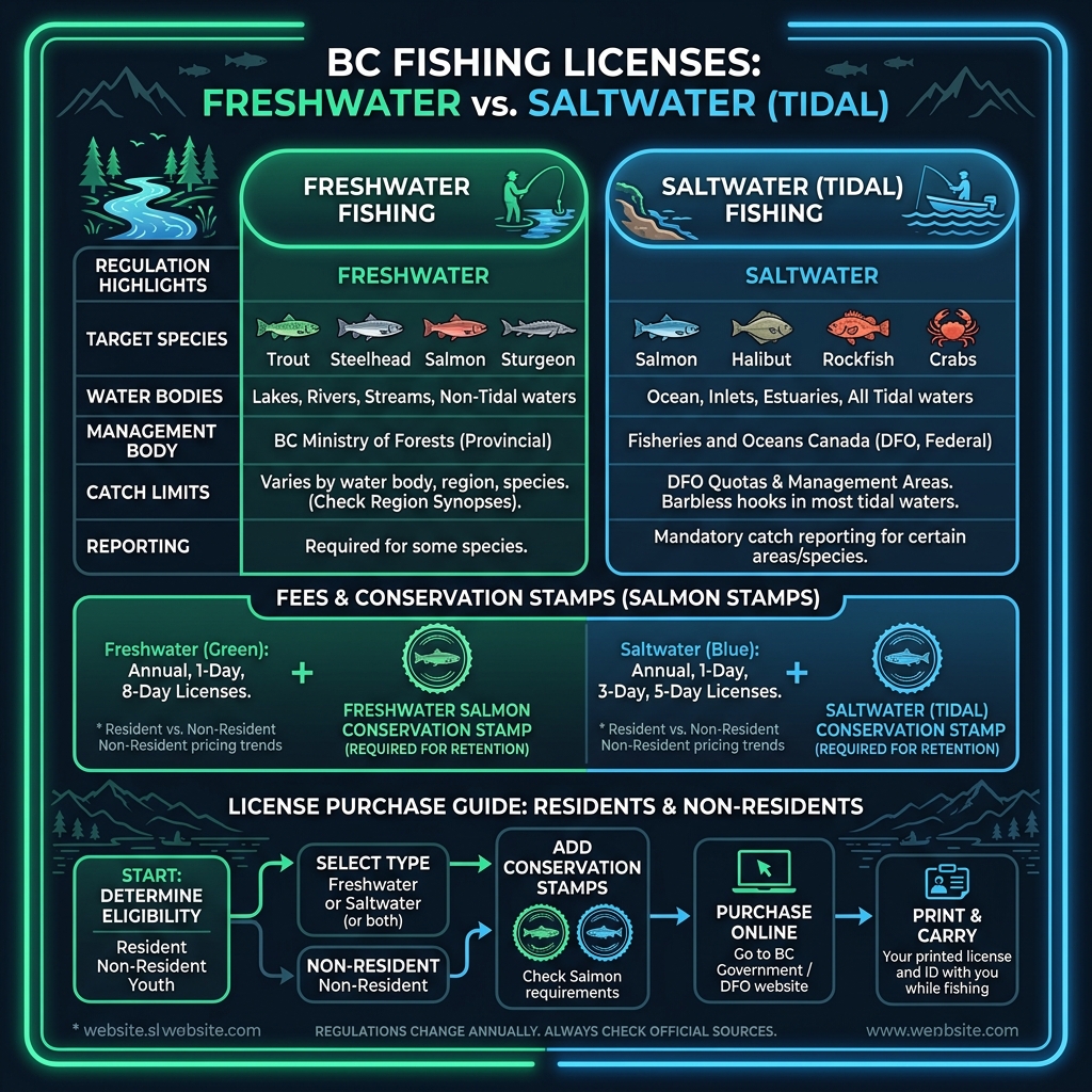 BC Freshwater vs Tidal Fishing License Comparison Infographic