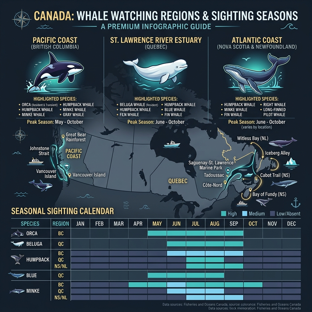 Canada Whale Watching Regions and Sighting Calendar Map