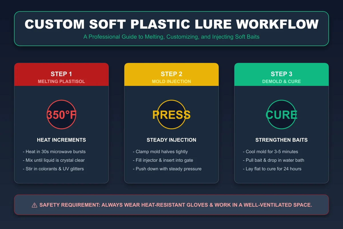 Custom Soft Plastic Lure Workflow Infographic: Melting plastisol, mold injection, and demolding & curing instructions for anglers