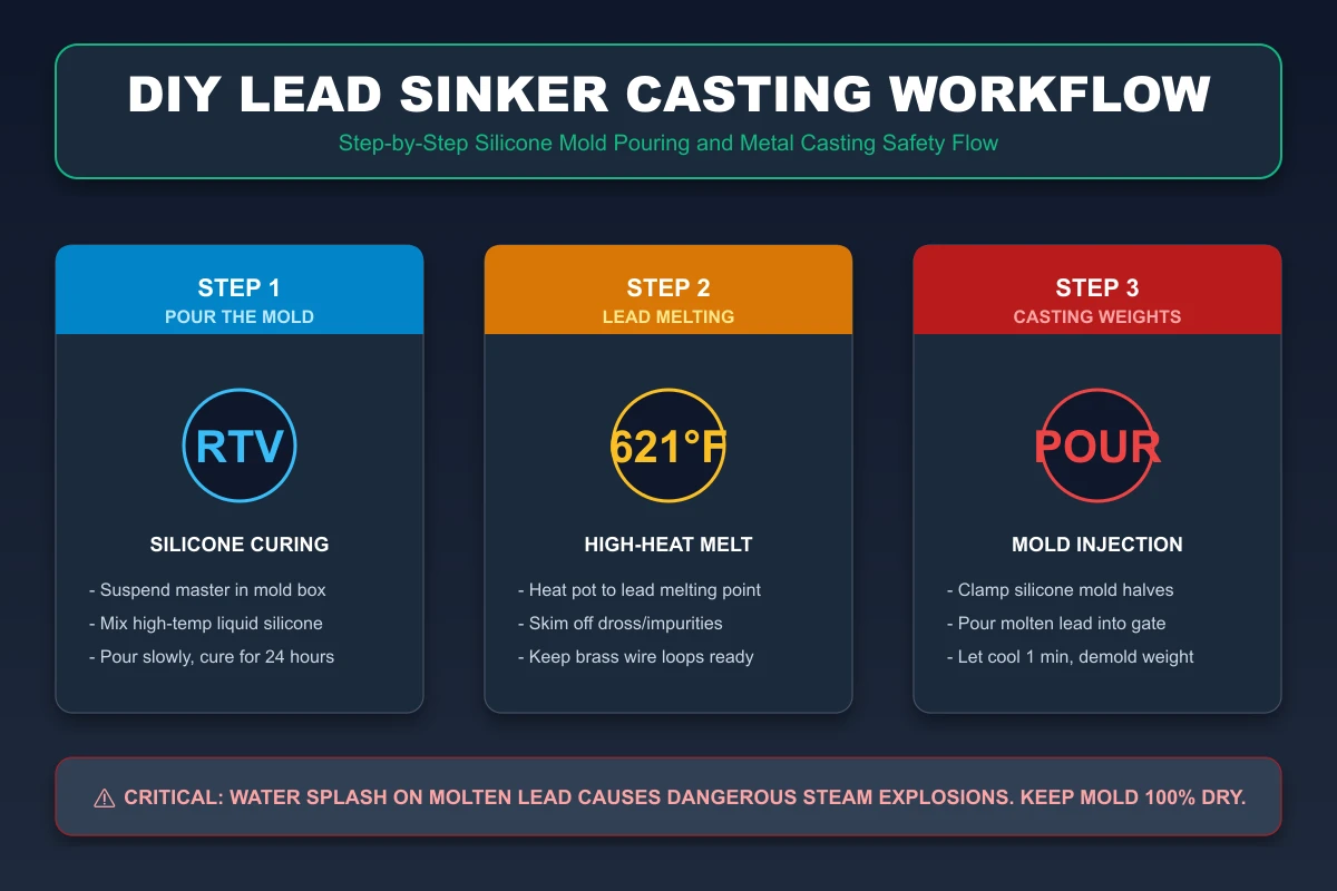 DIY Lead Sinker Casting Workflow Infographic: Silicone mold pouring, high-heat lead melting, and safety precautions for casting weights