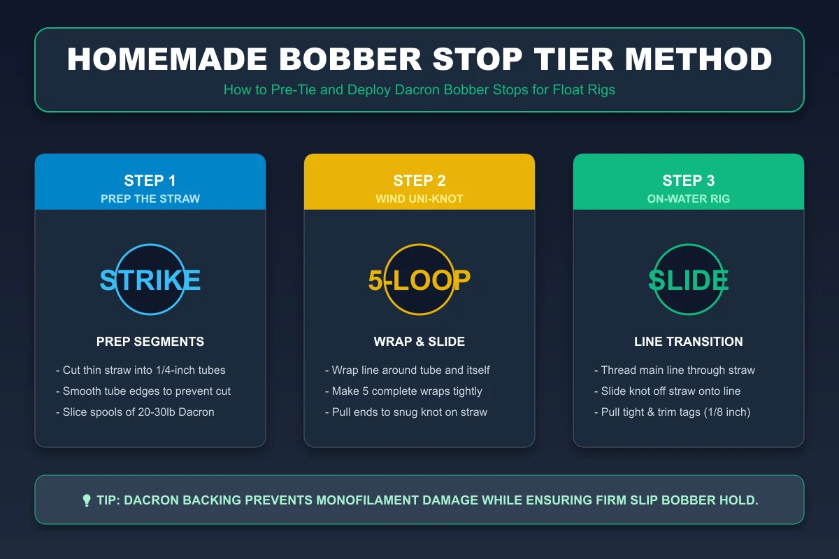 Homemade Bobber Stop Tier Method Infographic: Prepping stirrer straw tubes, winding 5-wrap uni-knots, and deploying on main line