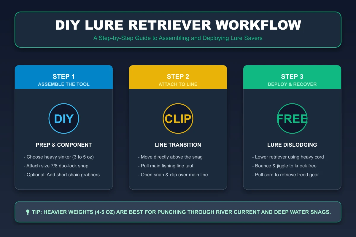 DIY Lure Retriever Workflow Infographic: Tools assembly, line attachment, and controlled bouncing deployment