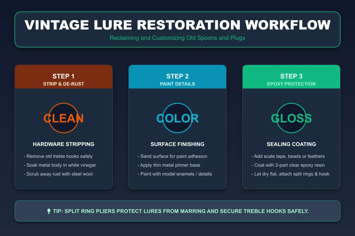 Vintage Lure Restoration Workflow Infographic: Hooks removal, sanding & priming, custom enamel painting, and clear epoxy protective coating