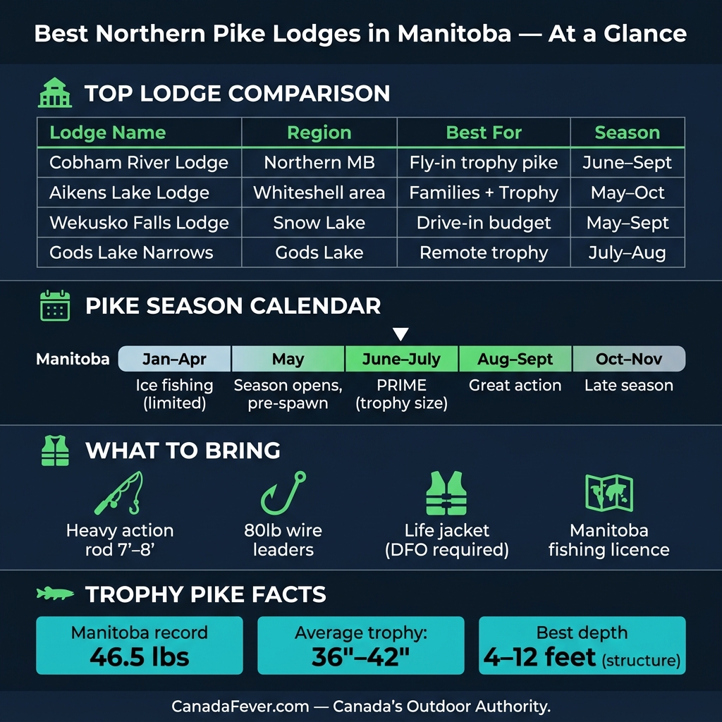 Best northern pike lodges Manitoba infographic - lodge comparison, season calendar and trophy facts