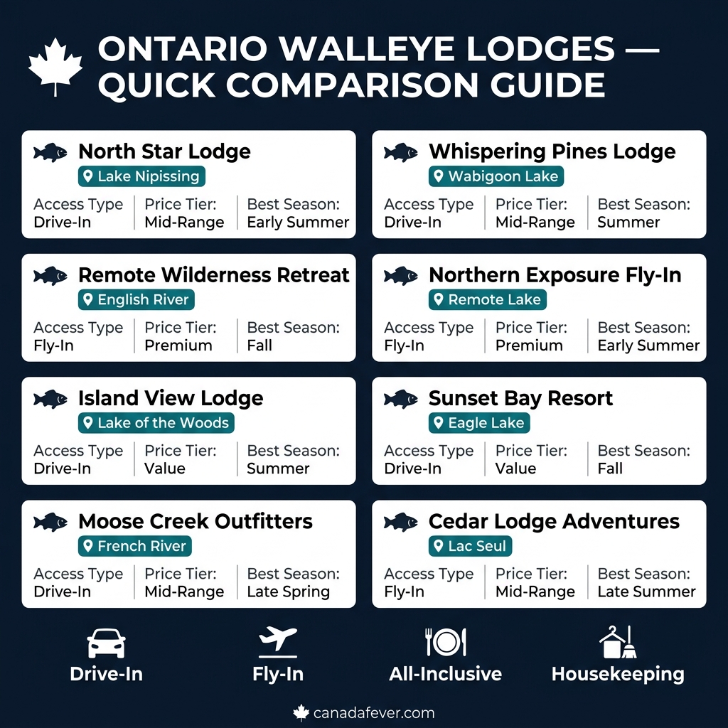 Ontario walleye lodges comparison infographic — access type, price tier, and best season guide