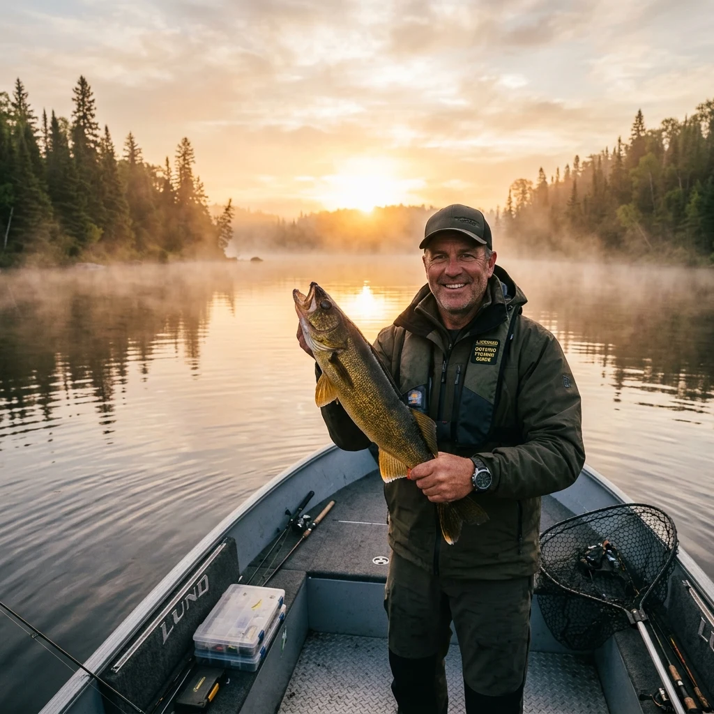 Guided fishing trip Ontario — licensed guide with trophy walleye at sunrise