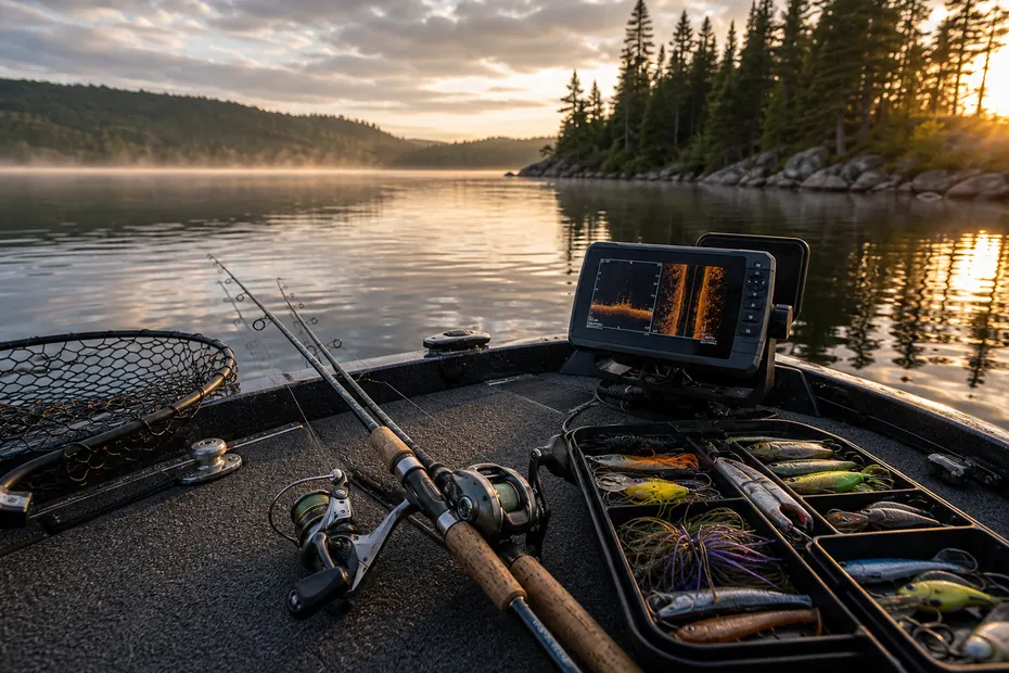 Advanced fishing techniques setup on a Canadian lake with rods tackle and fish finder
