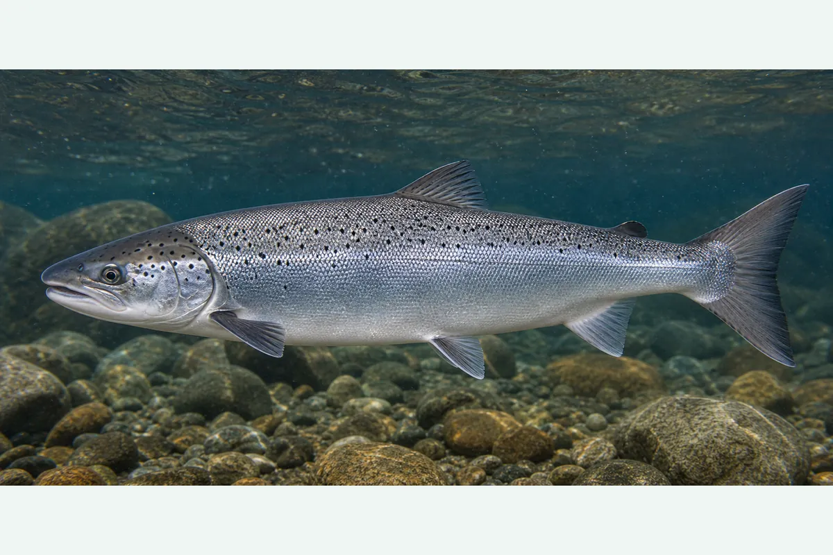Realistic identification illustration of an Atlantic salmon fish in side profile