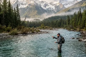 Angler fly fishing a British Columbia mountain river for a 2026 fishing licence guide