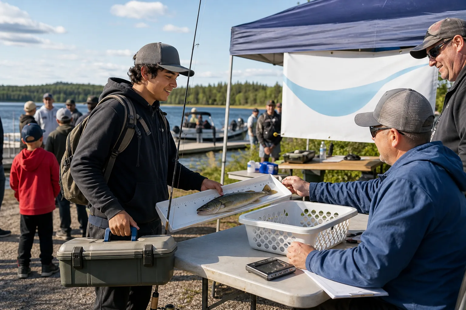 Beginner fishing competition in Canada with an angler measuring a fish at a lakeside event table