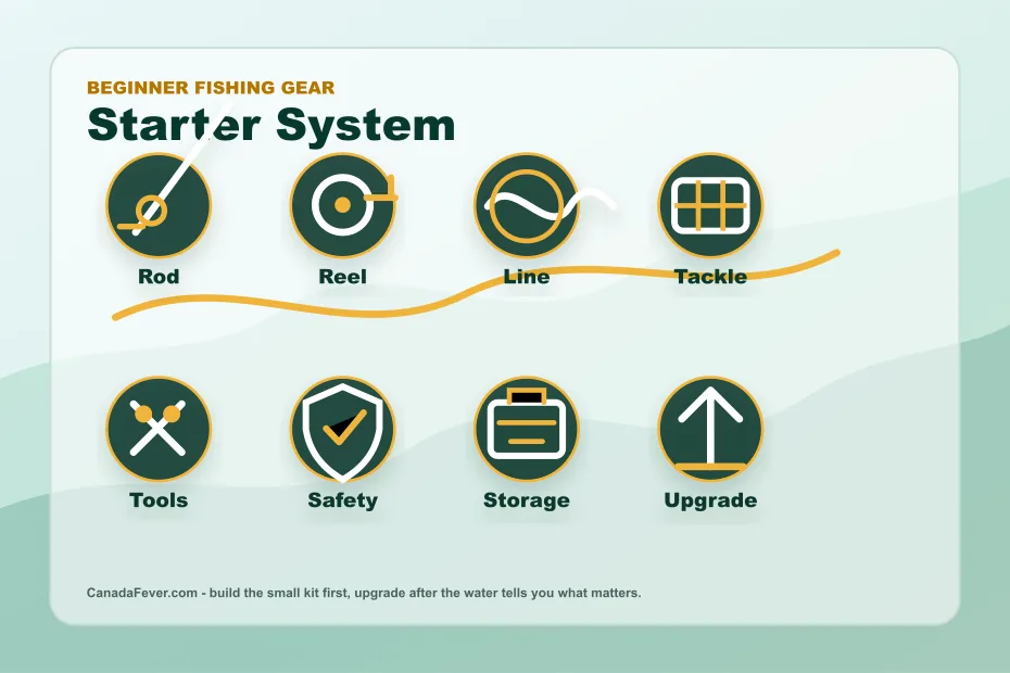 Beginner fishing gear starter system with rod reel line tackle tools safety storage and upgrade labels