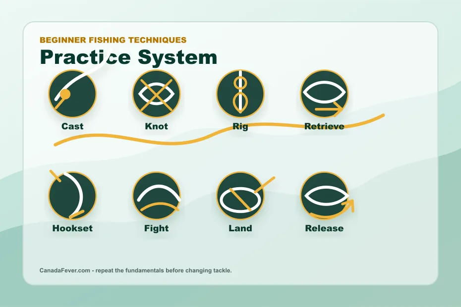 Beginner fishing technique starter system with cast knot rig retrieve hookset fight land and release labels