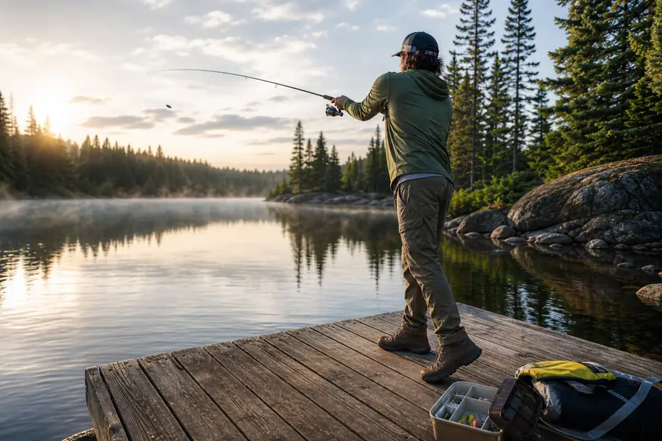 Beginner angler practicing a cast on a Canadian lake dock