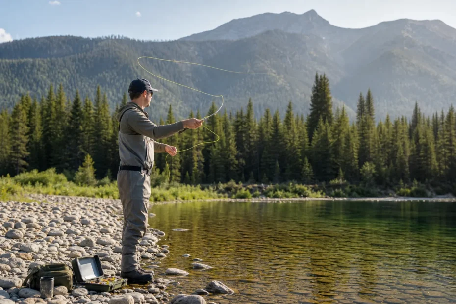 Beginner fly fisher practicing a cast on a clear Canadian river with mountains and evergreen forest