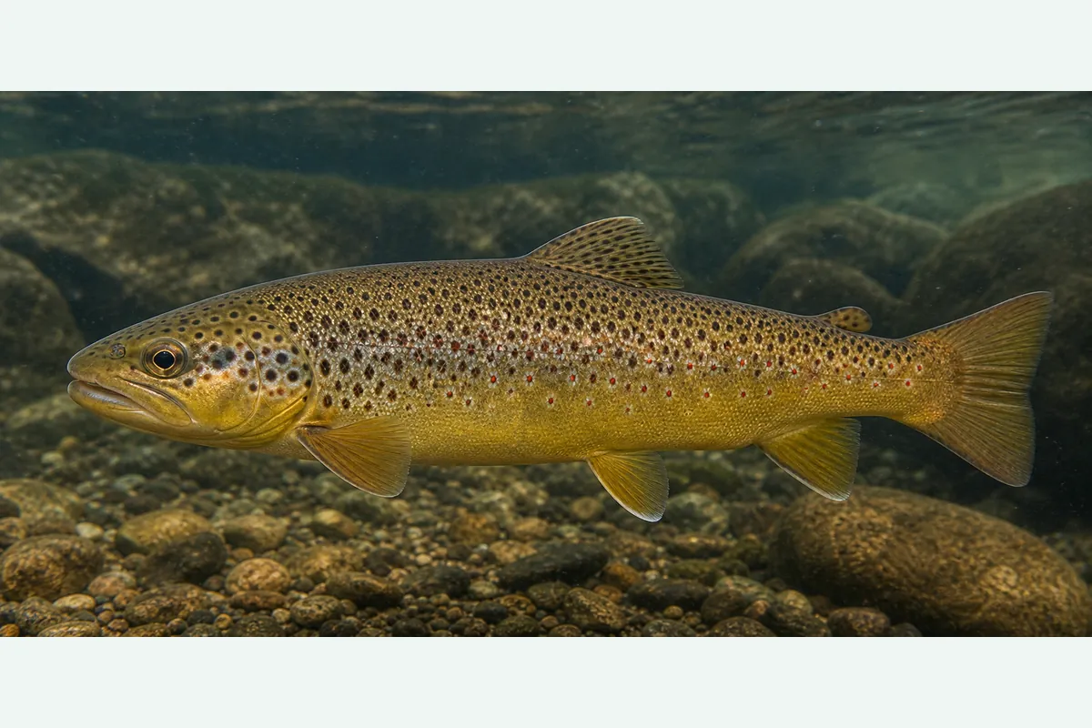 Realistic identification illustration of a brown trout fish in side profile