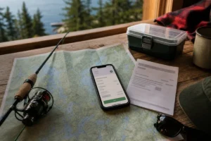 Fishing licence planning with map, tackle, and online checkout in Canada