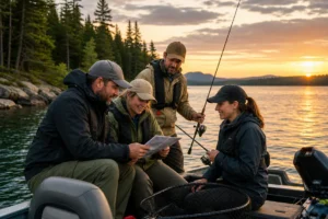 Visiting anglers checking fishing trip paperwork on a Canadian lake at sunset