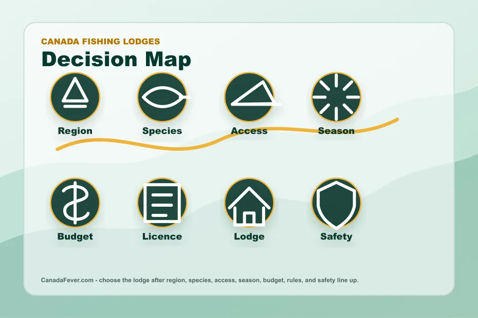Canada fishing lodge decision map with region species access season budget licence lodge and safety labels