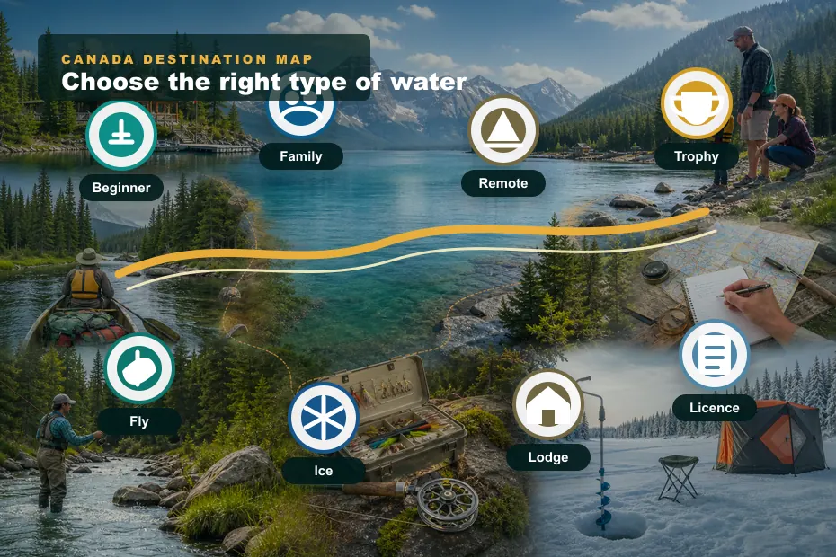 Visual Canada fishing spot decision map with destination types