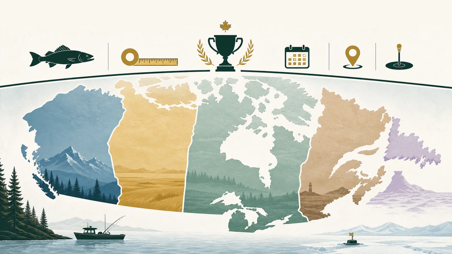 Professional Canada fishing tournament region map infographic showing broad event-planning regions, tournament icons and fishing travel context