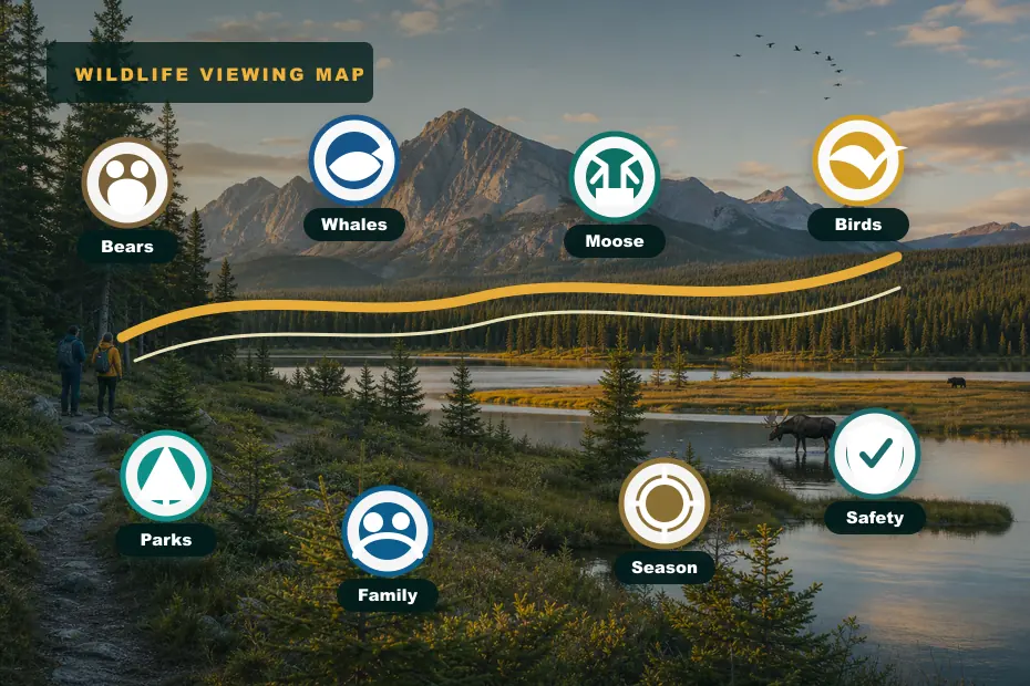 Visual Canada wildlife viewing decision map with species and safety labels