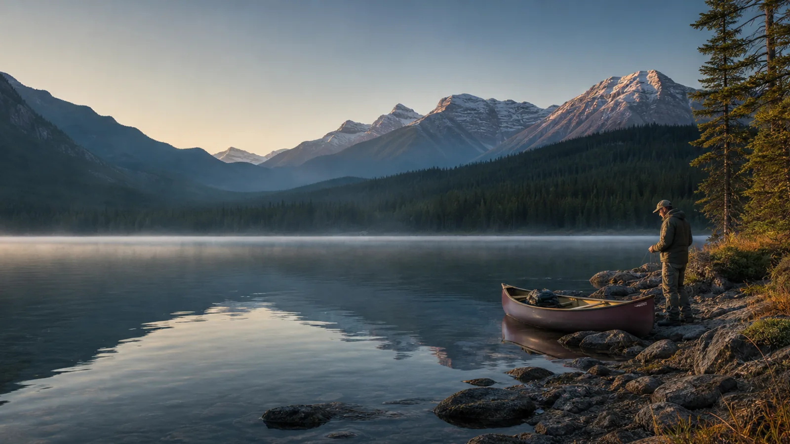 Angler preparing gear beside a canoe on a misty Canadian mountain lake at dawn