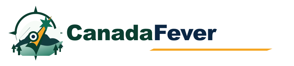 CanadaFever logo with compass, mountains, forest, and river